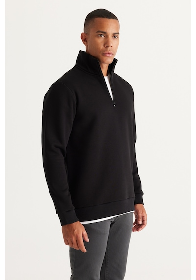 AC&Co / Altınyıldız Classics Standart Fit Normal Kesim İçi Polarlı Bato Yaka Pamuklu Erkek Sweatshirt Siyah