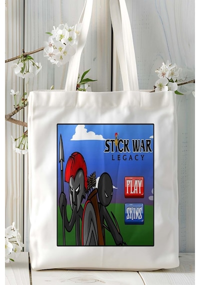 Art Hediye Stick War Mobil Oyun Baskılı Bez Çanta Omuz Çantası Çift Tafaflı Baskı Kişiye Özel 4 Çok Renkli