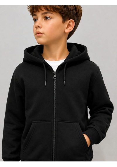 Ela Kapşonlu 3 İp Şardonlu Kışlık Sweatshirt Siyah