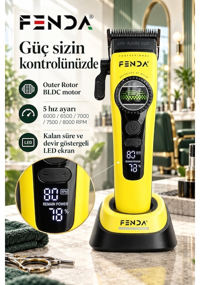 Fenda Profesyonel Bldc Motor 8000 Rpm Saç Kesme Makinesi Sarı