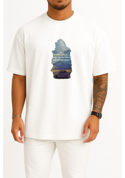 Bahriyeli Collection Oversize Senden Başka Kimse Seni Kurtaramaz Göğüs Tasarımlı Unisex T-shirt Beyaz