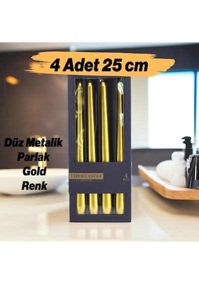 Tr Şamdan Mum 4'lü Metalik Boya Gold Dekoratif Mumu Kandil Hediyelik Fitilli Mumluk Parlak Altın 25 Cm Diğer