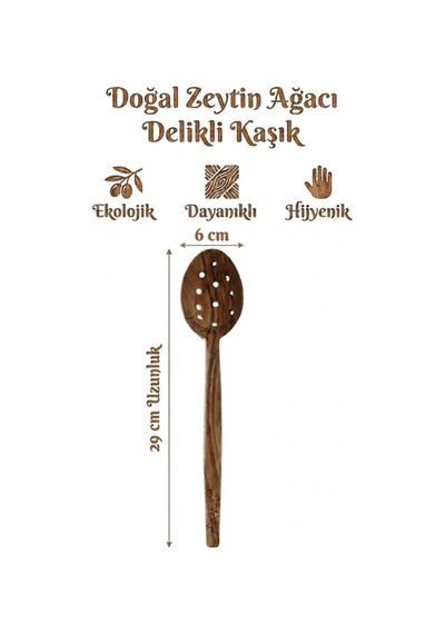 Kamptek Ahşap - %100 Doğal Zeytin Ağacı Delikli Mutfak Kaşığı 30 Cm Ahşap