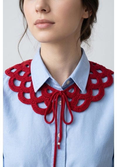 Bb Bibutikshop Kırmızı El Örgüsü Fiyonk Bağcıklı Takılabilir Yaka Vintage Dantel Model Renkli