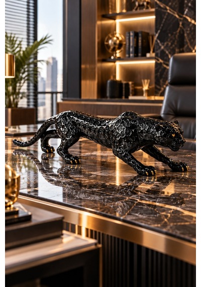 Siyah Gold Detaylı Panter Biblo 77 Cm Dekoratif Heykel
