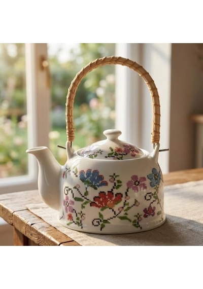 Porselen Çini Piraye Demlik - Bambu/hasır Saplı, Ateşe Dayanıklı Nostaljik Bitki Çayı Ve Çay Demliği 900 Ml - 2 Farklı Desen Seçeneği Pıraye 1