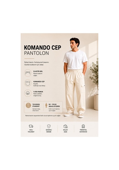 No Brand Rahat Lastikli Bol Pantolon Krem Krem
