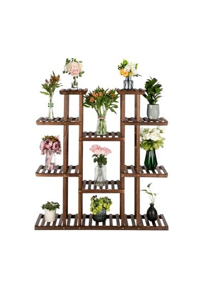 Dekoratif Ahşap Saksılık Çiçeklik Standı - 11 Bölmeli Bahçe Balkon Çiçek Rafı 120x120 Cm Kahverengi