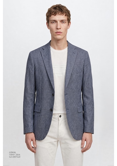 Altınyıldız Classıcs Erkek Mavı Yünlü Slim Fit Dar Kesim Mono Yaka Kapak Cepli Armürlü Blazer Ceket Mavi