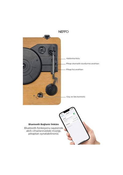 Şarj Bluetooth Aux Iğne Dahil Hoparlörlü Pikap Plak Çalar Ahşap