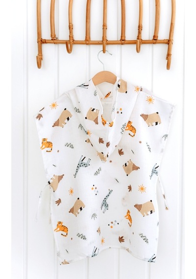 Esti Baby Kapşonlu Müslin Panço %100 Pamuk Bebek / Çocuk Plaj Havlusu / Bornozu Animal Party
