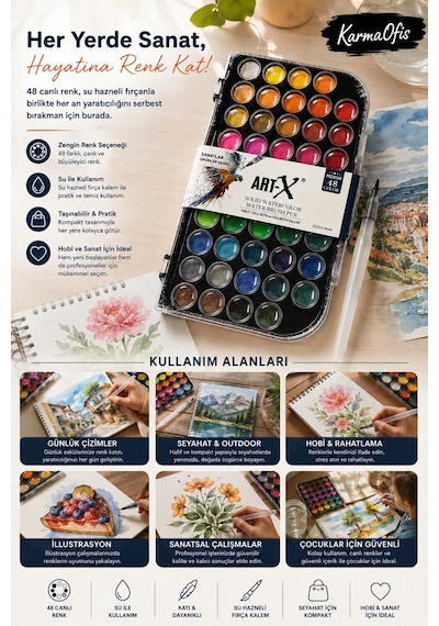 Art-x 48 Renk Solid Suluboya Seti Su Hazneli Fırça Kalemli Profesyonel Tablet Boya Krem