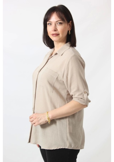 Moda Berray Bb-077 Bej Pamuk Keten Kolu Apoletli İki Cepli Kadın Büyük Beden Gömlek Bej