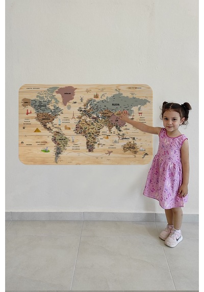Ahşap Görünümlü Türkçe Eğitici Detaylı Atlası Dünya Haritası Duvar Sticker-85x130-3844 Çok Renkli