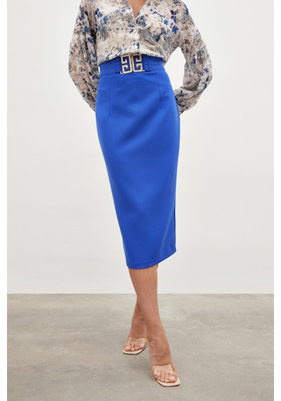 Sateen Aksesuar Detaylı Kalem Etek - Mavi-134845 Mavi