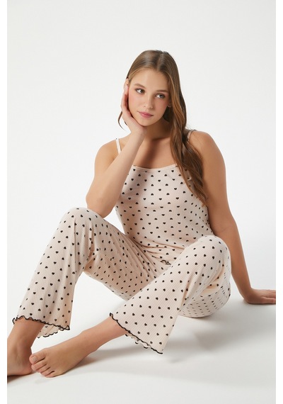 Ritnice Kadın June Askılı Kalp Desen Pudra Alt Üst Pijama Takımı Pudra