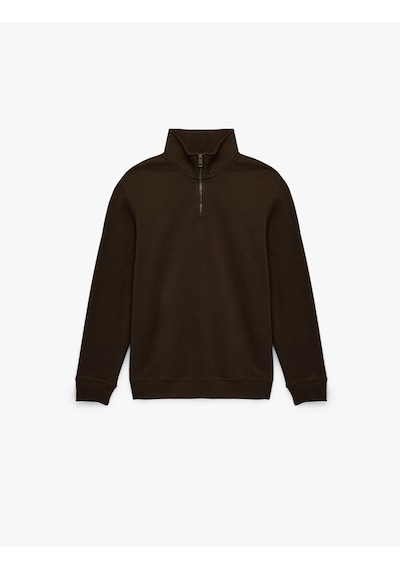 Koton Uzun Kollu Şardonlu Basic Yarım Fermuarlı Sweatshirt Kahverengi 6wam70016mk Kahverengi