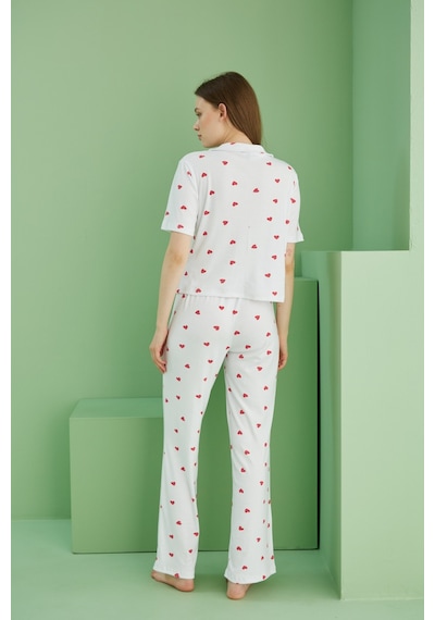 Siyah İnci Fitilli Kaşkorse Örme Düğmeli Gömlek Yaka Pijama Takım Beyaz Siyah İnci Fitilli Kaşkorse Örme Düğmeli Gömlek Yaka Pijama Takım Beyaz