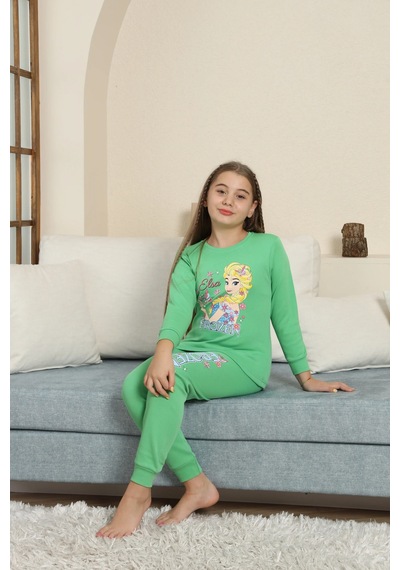Kız Çocuk Uzun Kol Pijama Takımı Yeşil