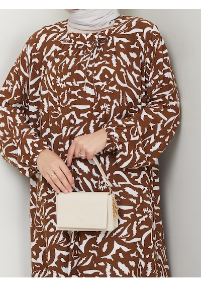 Nevayla Moda Desenli Önü Büzgülü Viskon Elbise - Taba / E0131 Taba