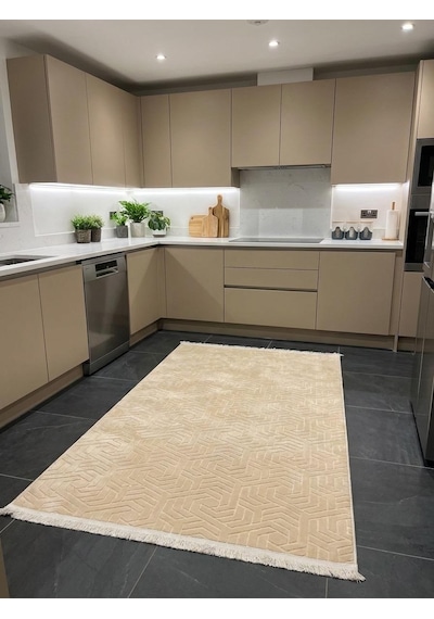 Dinar Armoni Saçaklı Kaymaz Tabanlı Kesme Kabartmalı Yıkanabilir Salon Koridor Halı Yolluk Bej