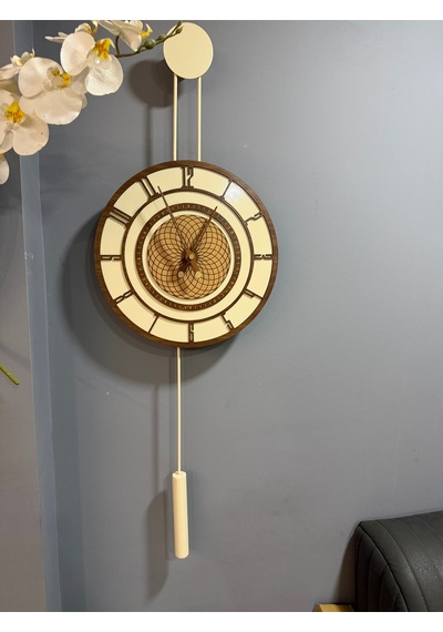 Metaquartz Aksesuar Ekru-ceviz Pendulum Full Çelik - Metal Ledli Duvar Saati Krem-ceviz