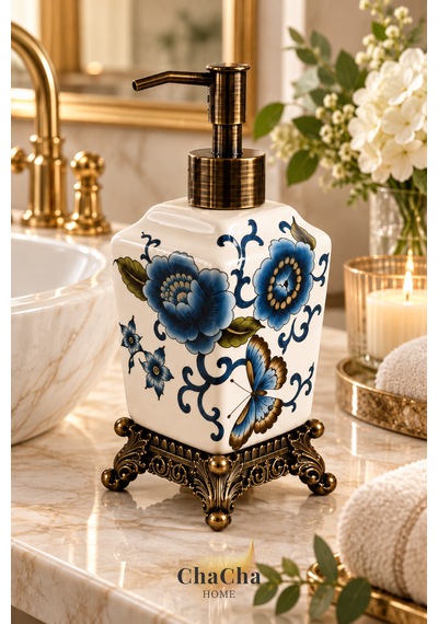 Chacha Home Aurelia Seramik Sıvı Sabunluk 470 Ml Antik Bronz Görünümlü Ayaklı Ve Pompalı 22 Cm Mavi