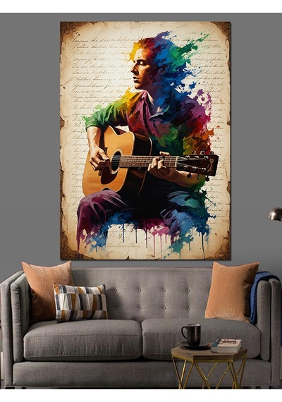 Ahşap Tablo Gitar Çalan Renkli Sanatçı Dekoratif Tablolar