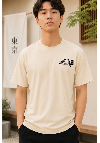 Tarzyeri Erkek Ön Ve Arka Tokyo Kuş Çiçek Baskılı Oversize T-shirt - Ekru