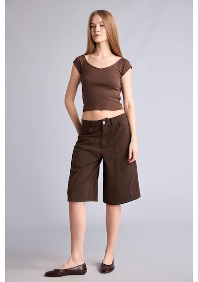 Defacto Normal Bel Kısa Paça Gabardin Bermuda F3133ax26smbn614 Kahve-bn614