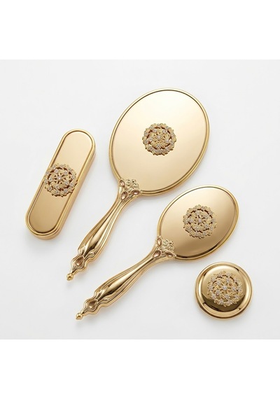 Saraylı Çelenk Modeli Gold Ayna Fırça Seti 4'lü - Lüks Taşlı Gelin Bohçası Takımı