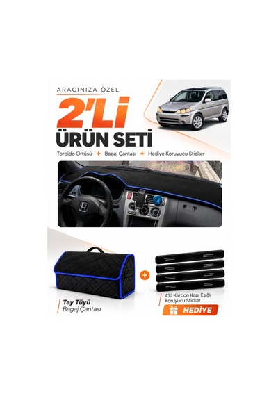 Honda Hr-v 1998-2005 Uyumlu Torpido Örtüsü + Tay Tüyü Bagaj Çantası + Sticker Seti - Siyah Mavi