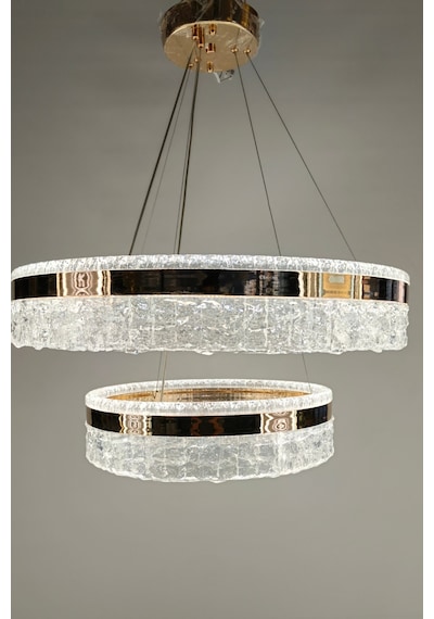 Lüks Çift Halka Kristal Led Avize - Sofistike Krom Ve Altın Tezatlı Gold 1
