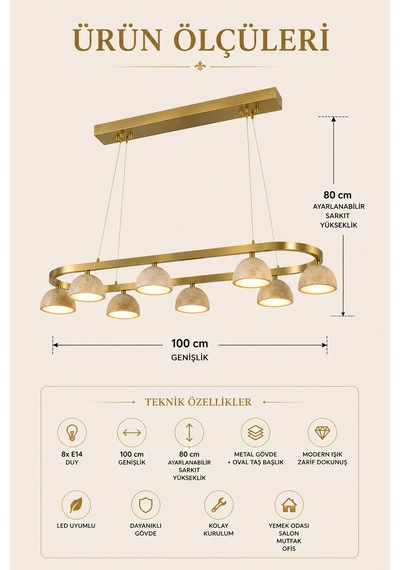 Modern Premium Kumandalı 3 Renk 8 Başlıklı Traverten Mermer Sarkıt Salon Avizesi Ledli Modelleri 36w Gold