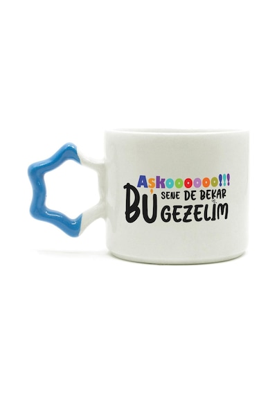 Mor Mürekkep Aşkoooooo Baskılı Mavi Kulplu Yıldız Kupa