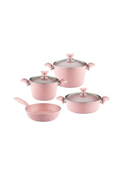 7 Parça Granit Set Cam Kapak - Pembe Pembe