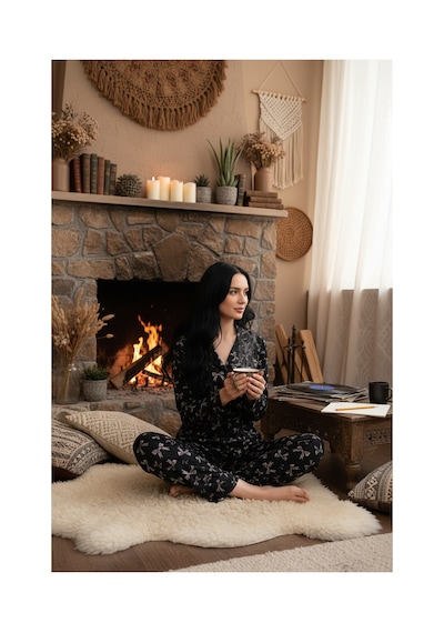 Rindahomewear Kadın Fiyonk Desenli Milan Örme Lizbon Düğmeli Pijama Takımı Siyah