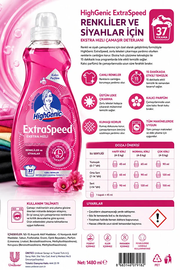 Highgenic Extraspeed Renkliler Ve Siyahlar İçin Sıvı Çamaşır Deterjanı 37 Yıkama Kalıcı Parfüm 1480 Ml