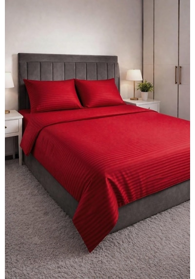 Tr Wova Home Burgundy Stripe Çift Kişilik Nevresim Takımı%90 Pamuk 83 Tel Saten Çizgili Lastikli Çarşaflı Nevres Diğer