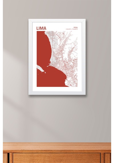 Lima Peru Haritası Çerçeveli Tablo Lüks Salon Ofis Duvar Dekorasyonu Hediyelik Tablo Beyaz