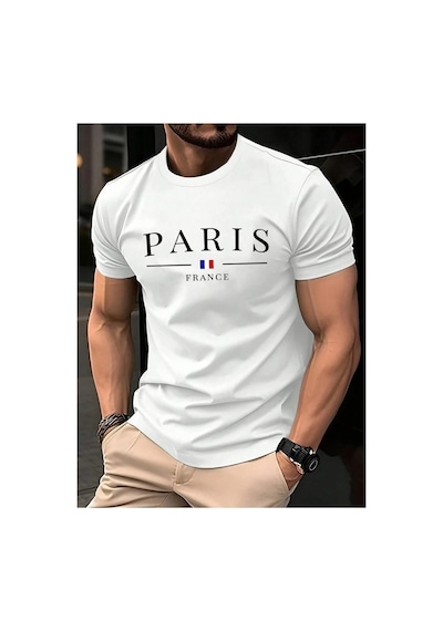 Caddemia Yaz  Rahat Gevşek Artı Boyutu Paris Fransız Baskılı Spor Rahat Yuvarlak Beyaz 2XL