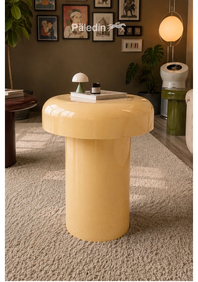 Paledin Design Mantar Çelik Yan Sehpa Yuvarlak Koltuk Yanı Sehpası 37x37x46 Cm Açık Mavi Modern Tasarım Sarı