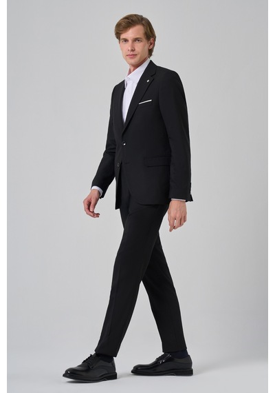 Morven Erkek Siyah Yünlü Slim Fit Mono Yaka Takım Elbise 25mc001045001 Siyah