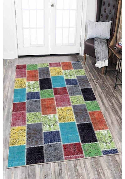 Renkli Kaymaz Tabanlı Yıkanır Patchwork Mutfak Halısı Ar1059n11 Çok Renkli