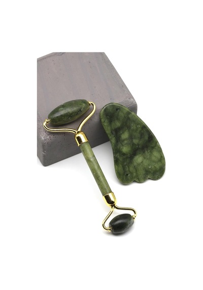 Yeşim Doğal Taş 2'li Özel Kutulu Sertifikalı Set Face Roller + Gua Sha Masaj Taşı - Msj-0097