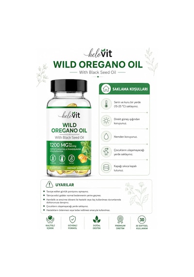Helovit Wild Oregano Oil 1200 Mg Çörek Otu Yağı İçeren Doğal Vücut Direnci Desteği 30 Softjel