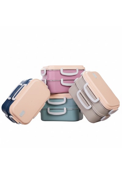 Aura 2 Katlı Çelik Beslenme Kabı – 2 Bölmeli |  Isıtılabilir Tasarım & Kaşık - Çatal Setli