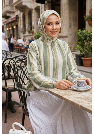 Hb Harma Time Butik Kadın Fermuarlı Modal Kumaş Ahenk Haki Ceket