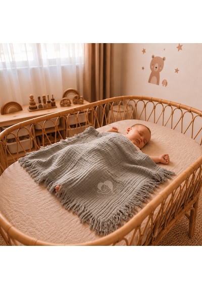 Minimoms %100 Pamuk 4 Katlı Müslin Bebek - Çocuk Battaniyesi 100x120 CM Yumuşak Yenidoğan Kız ve Erkek Bebek Örtüsü Füme