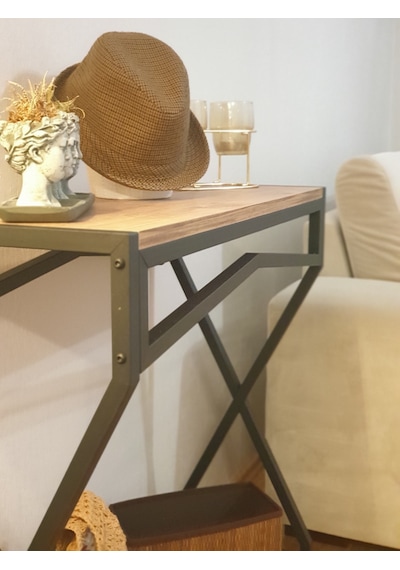 Metal Dresuar Ahşap Raflı Stand Çok Amaçlı Salon Ve Hol Rafı Siyah
